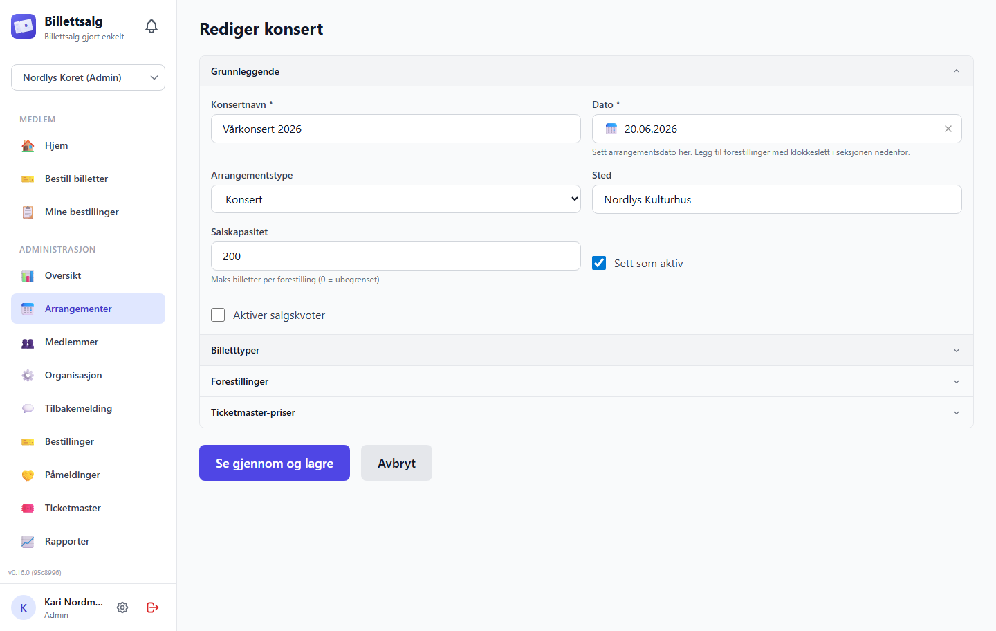 Event creation form with accordion sections