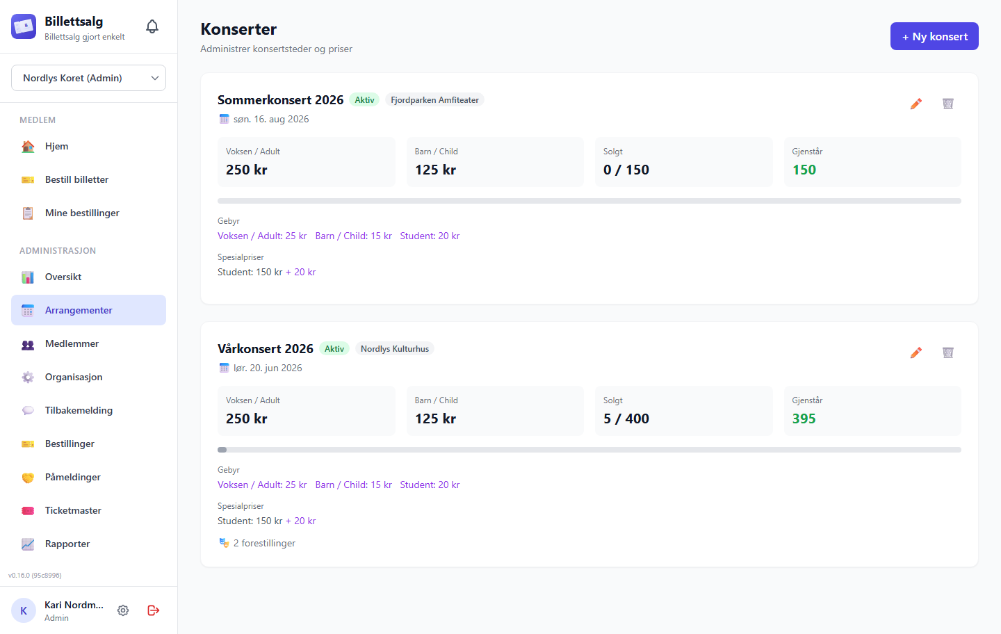 Events list with progress bars and pricing