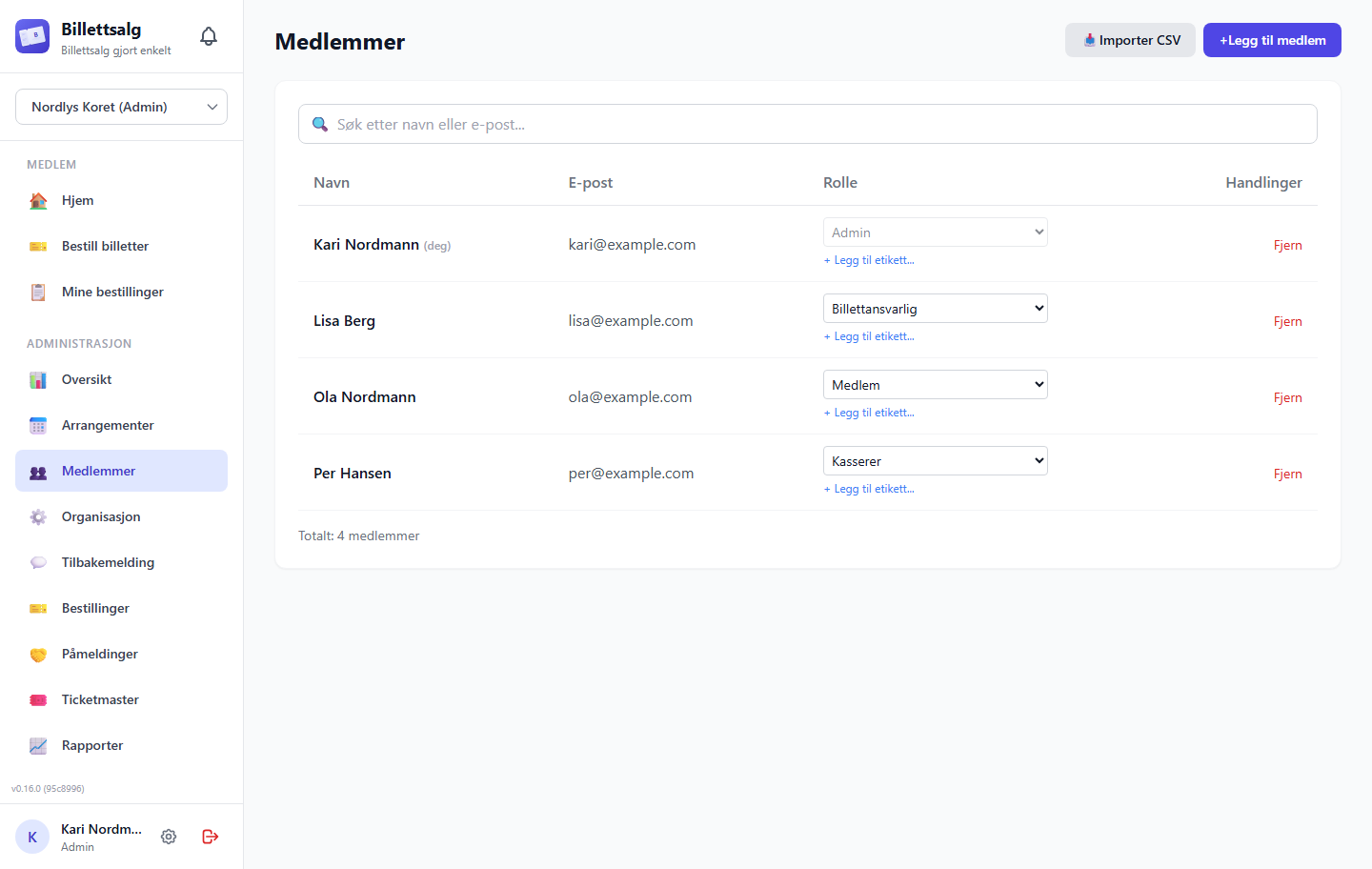 Members table with role dropdowns