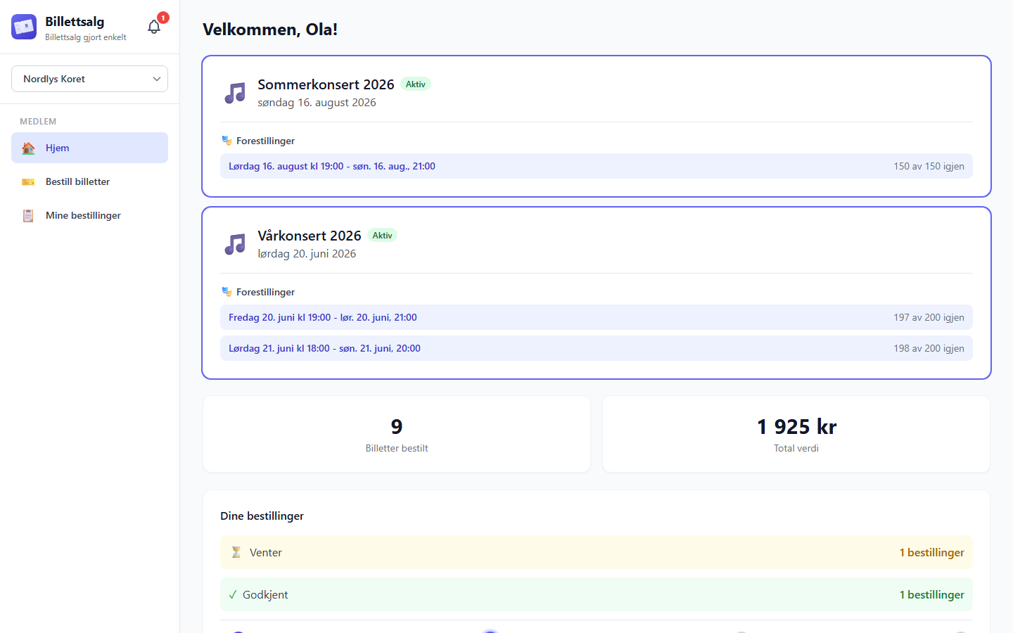 The home screen showing a welcome greeting, an active event card, and order stats