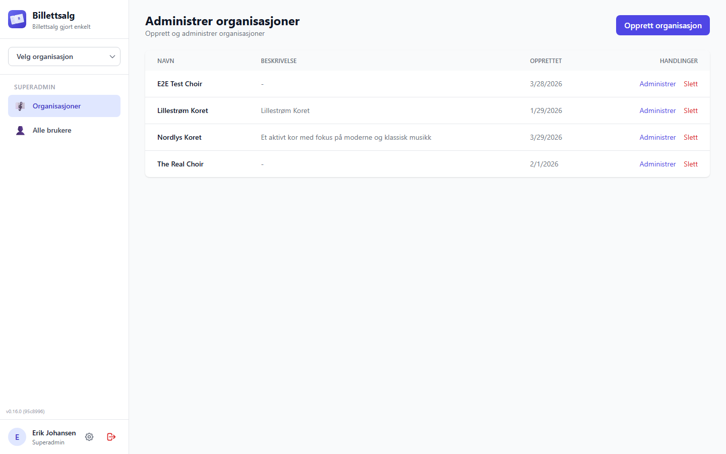 Organizations list with create form