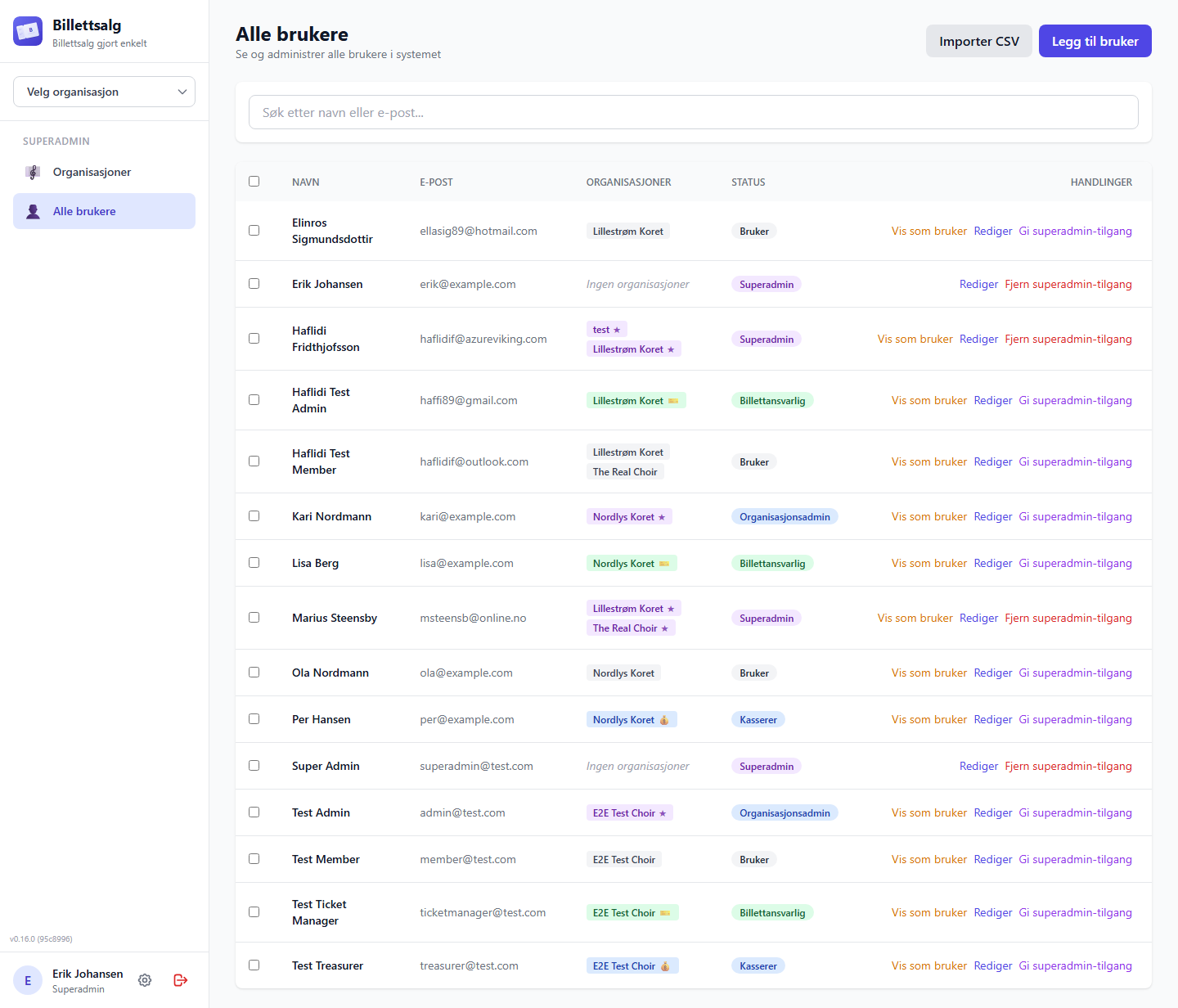 Users list with search and bulk actions
