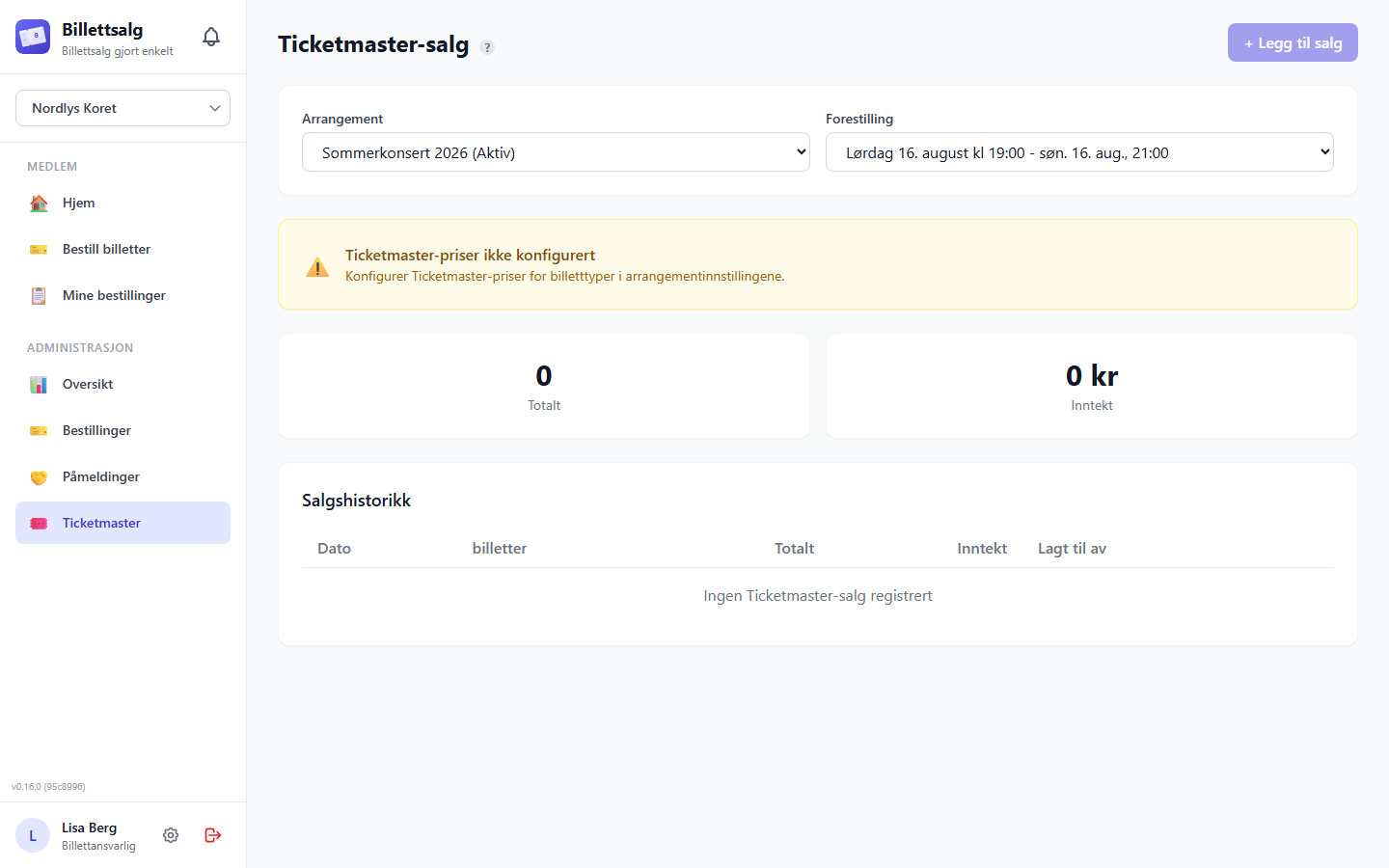The Ticketmaster screen showing event/showtime filters, pricing info, and sales list
