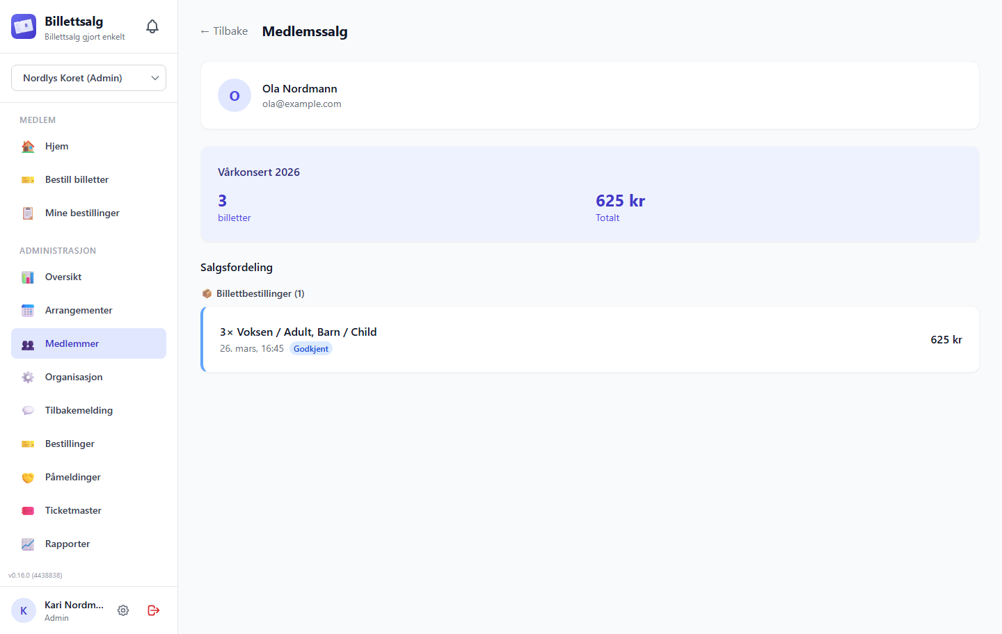 Member sales detail showing a member's ticket orders, totals, and status for an event