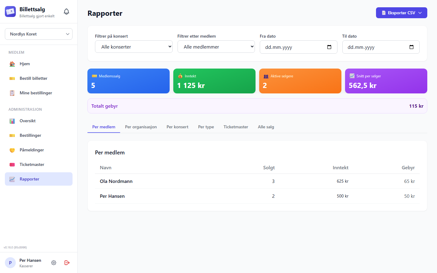 The Reports screen showing tabs, filters, summary cards, and data table